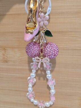Hand crafed Girly Coquette Wristlet Keychain Rhinestone Cherries & High Heel